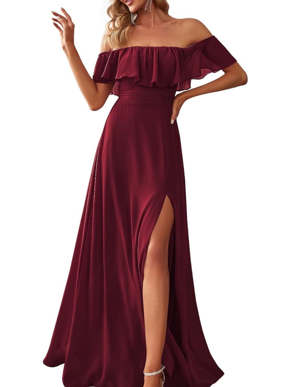 Off-Shoulder Ruffle Burgundy Evening Dress